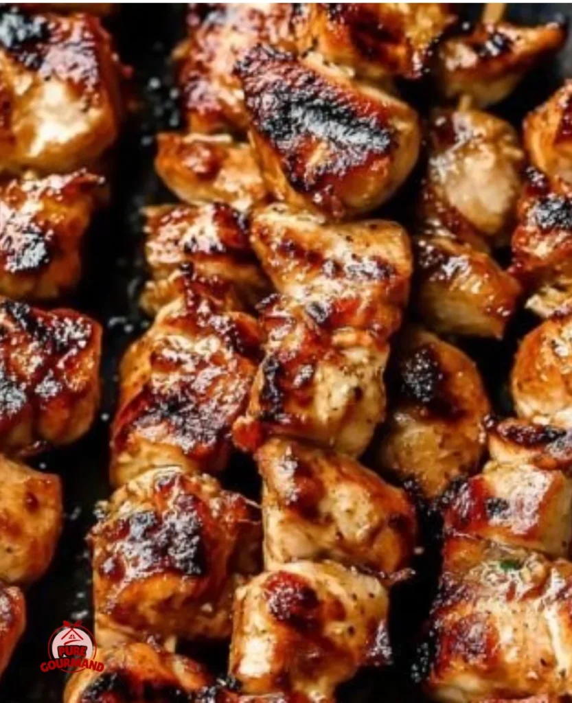 Delicious grilled Thai coconut chicken skewers on a plate.
