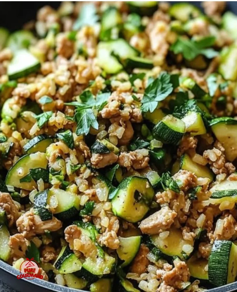 Ground Chicken Zucchini Rice Skillet in a skillet with vegetables