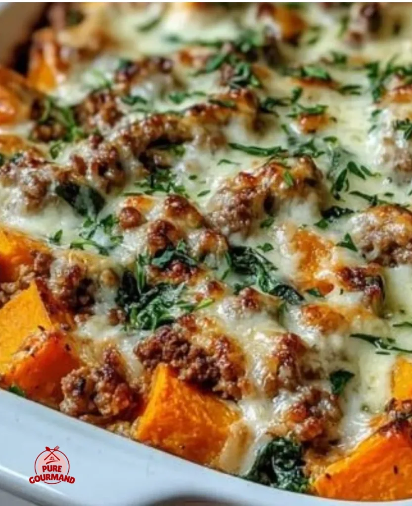 Ground turkey sweet potato bake served in a casserole dish