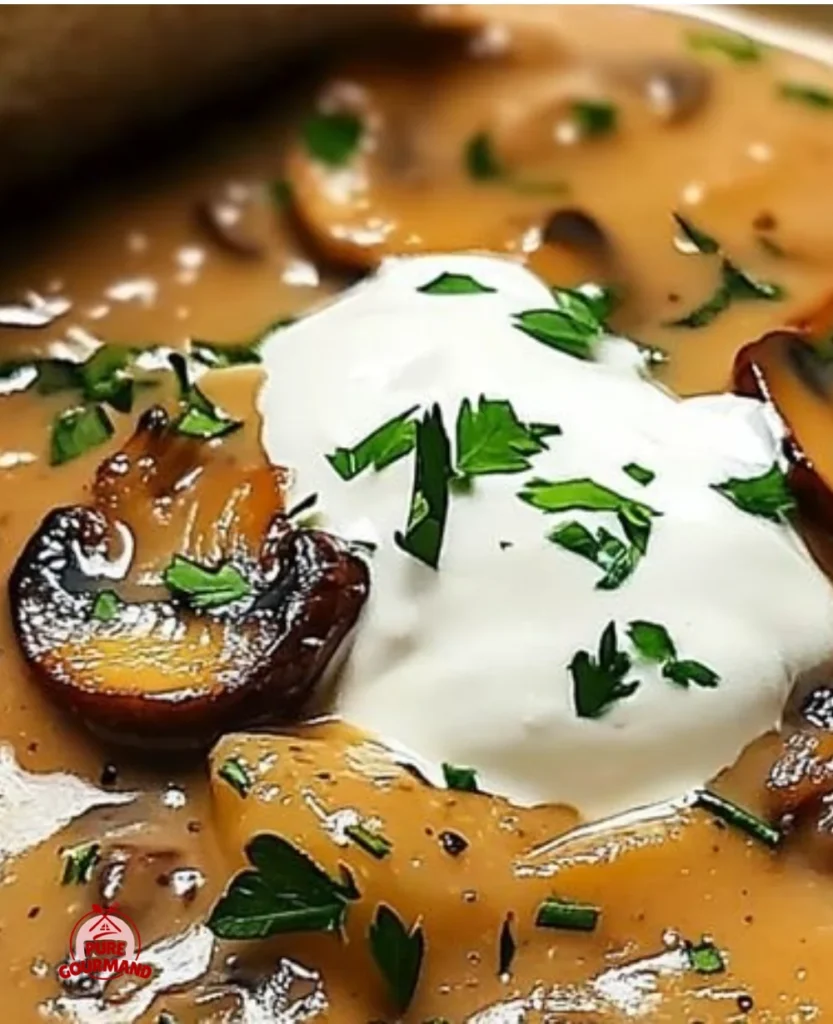 Hearty Hungarian Mushroom Soup with fresh mushrooms and paprika in a bowl