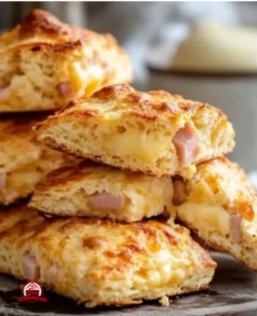 Freshly baked ham and cheese scones on a wooden table.