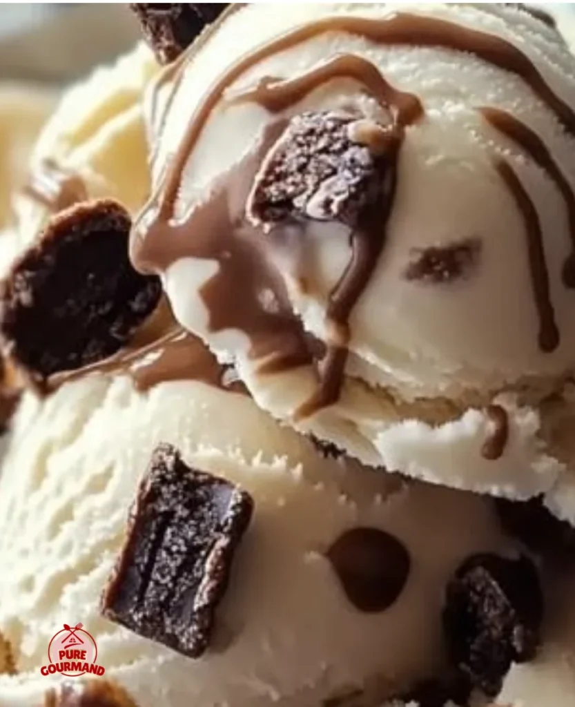 Bowl of homemade Moose Tracks Ice Cream with chocolate swirls and peanut butter cups