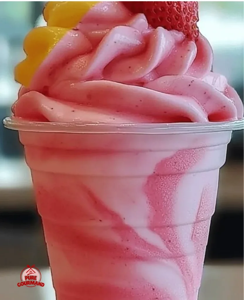 Homemade strawberry dole whip served in a bowl, perfect summer treat.