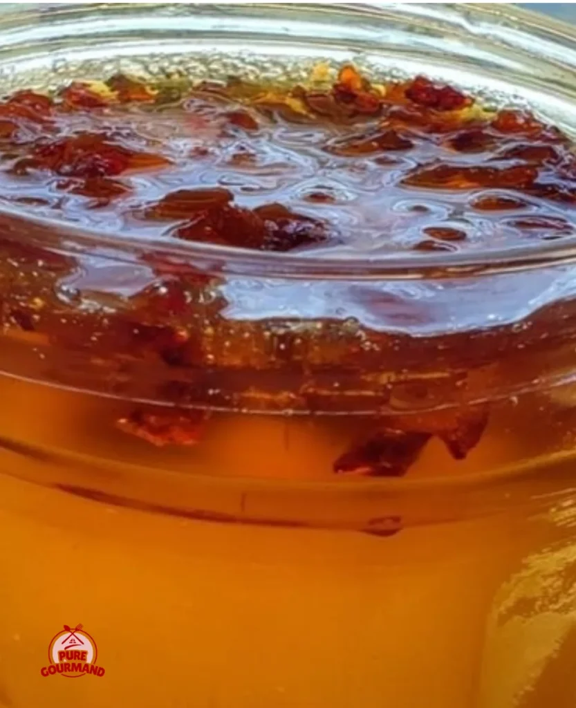 Jar of homemade sweet tea jelly with a delicate tea leaf garnish