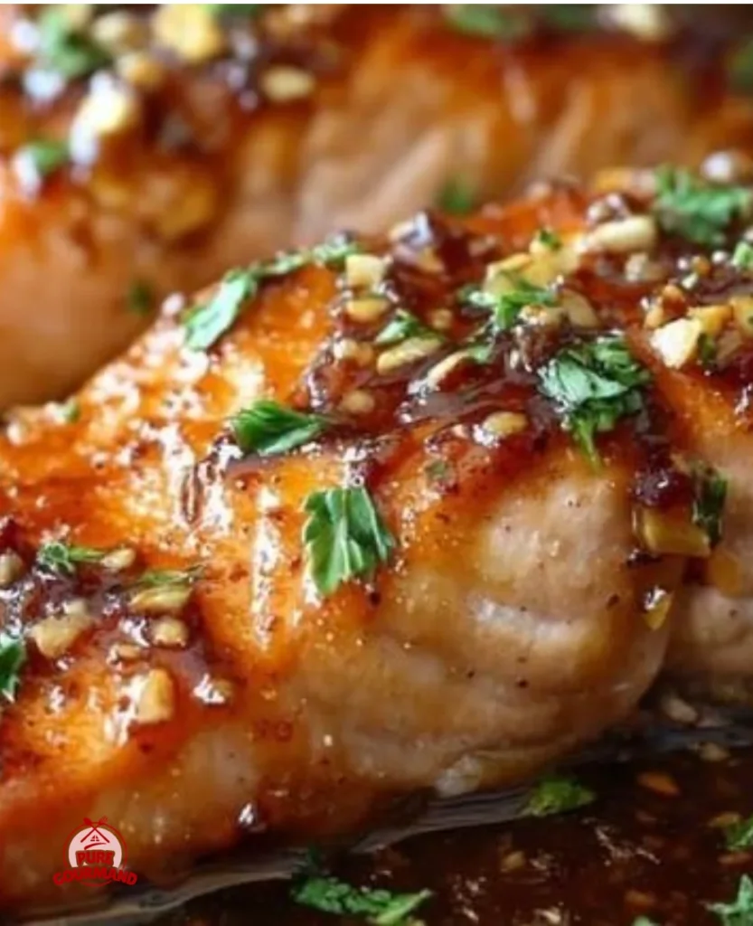 Honey garlic baked salmon served on a plate with herbs and lemon slices
