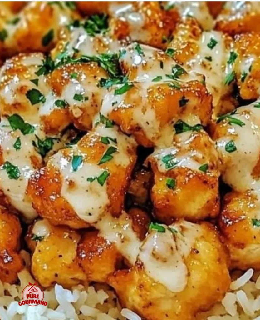 Honey Garlic Chicken Bites served on creamy rice in a bowl