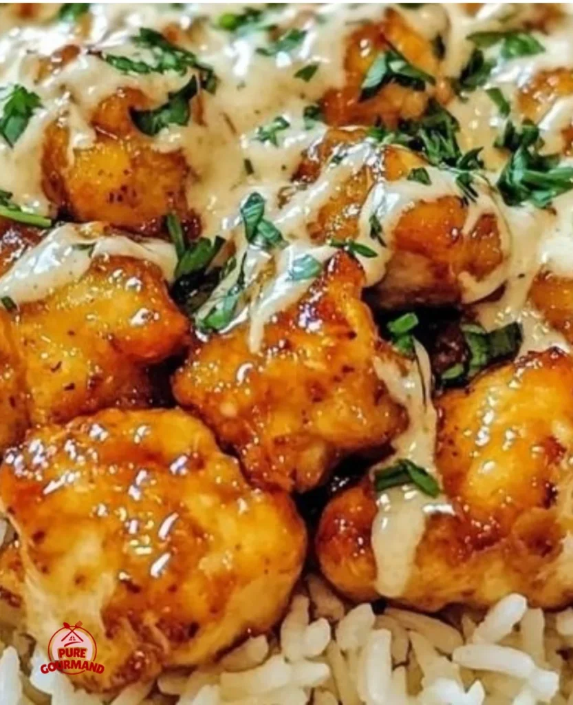 Honey Garlic Chicken Bites served over creamy rice in a delicious meal