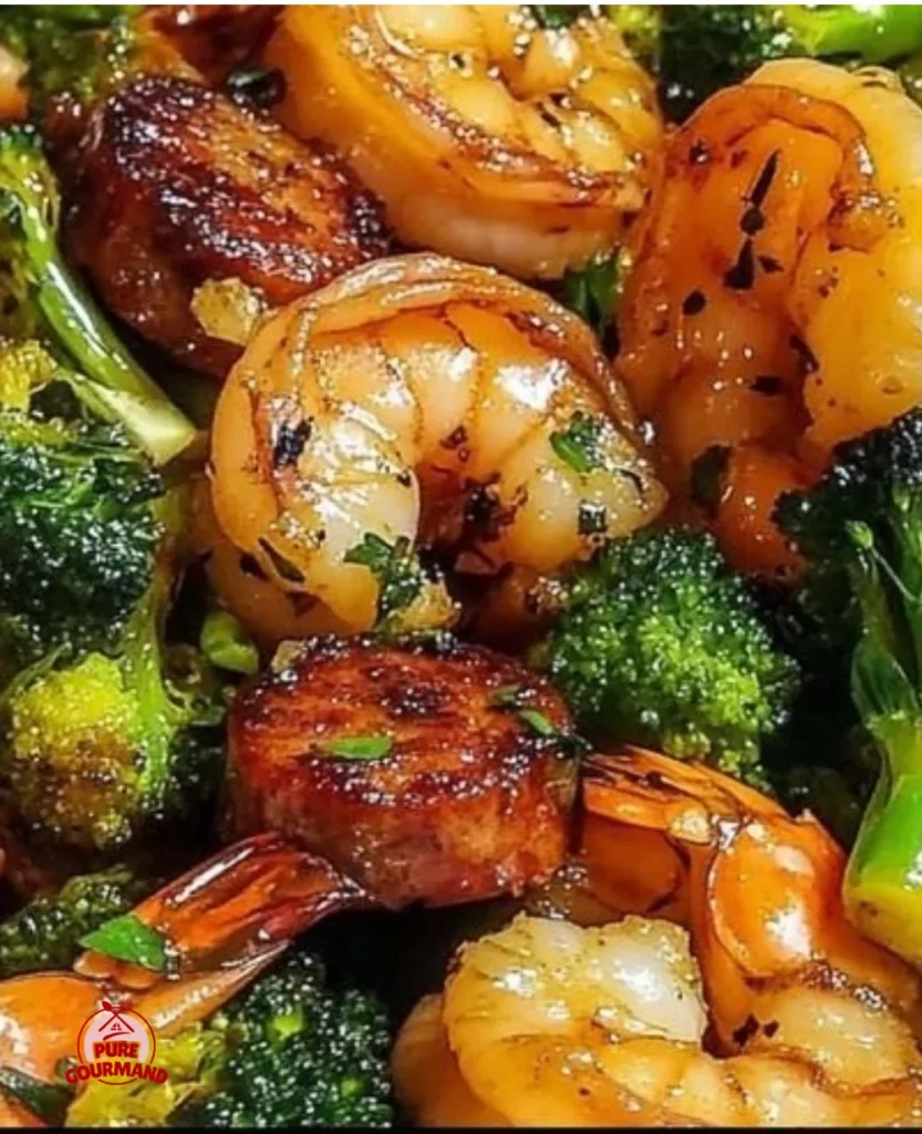 Honey Garlic Shrimp with sausage and broccoli in a delicious stir-fry dish