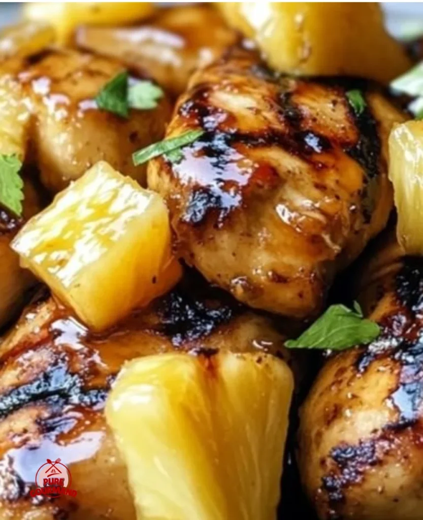 Delicious honey pineapple grilled chicken served on a plate.