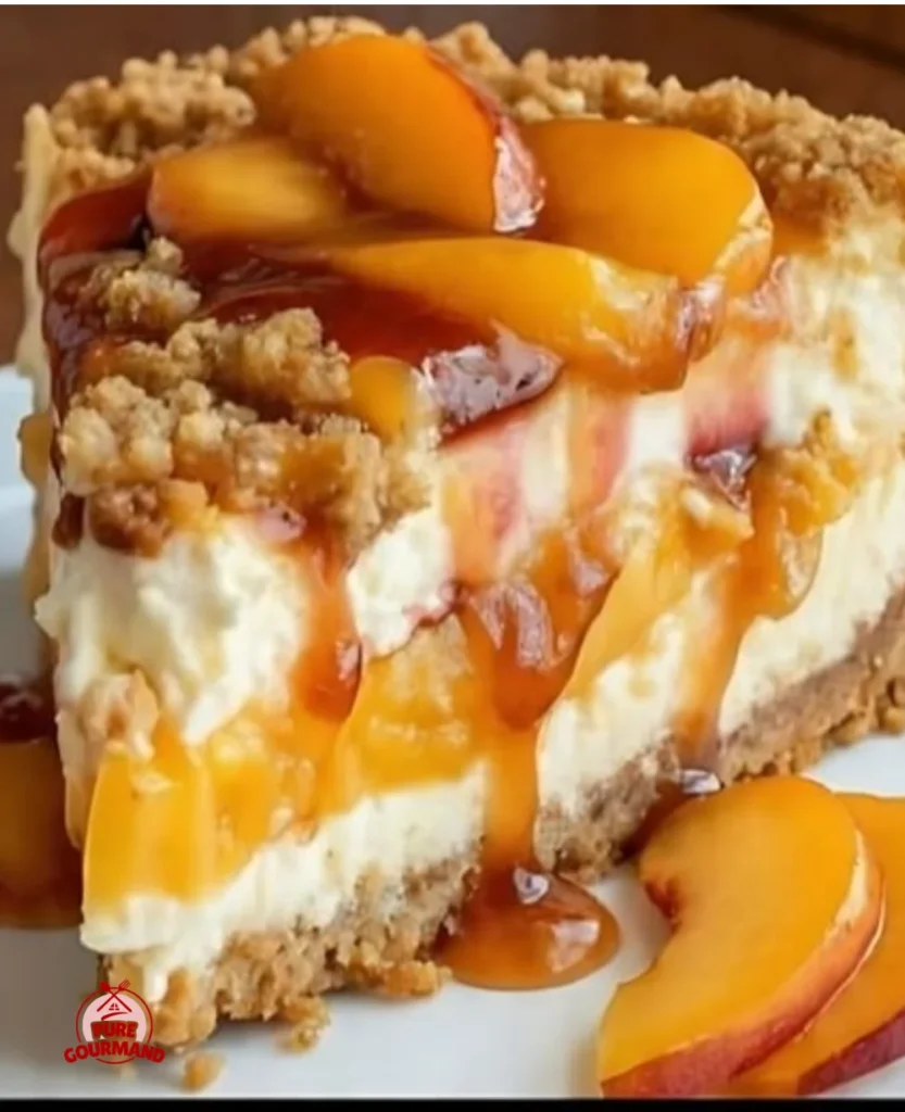 Homemade Peach Cobbler Cheesecake topped with fresh peaches and crumble