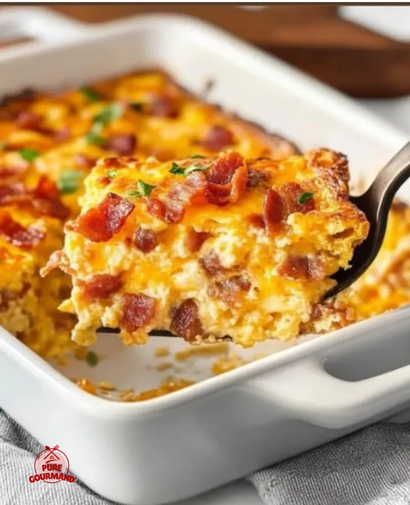 Delicious bacon egg and cheese breakfast casserole fresh out of the oven