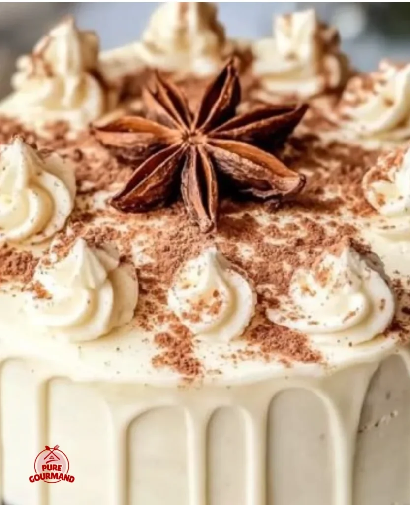 Delicious Christmas spice cake with eggnog buttercream frosting on a festive table.