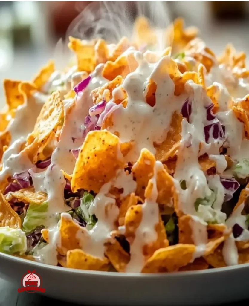 Bowl of Frito Cowboy Cabbage Salad with crunchy toppings and colorful vegetables