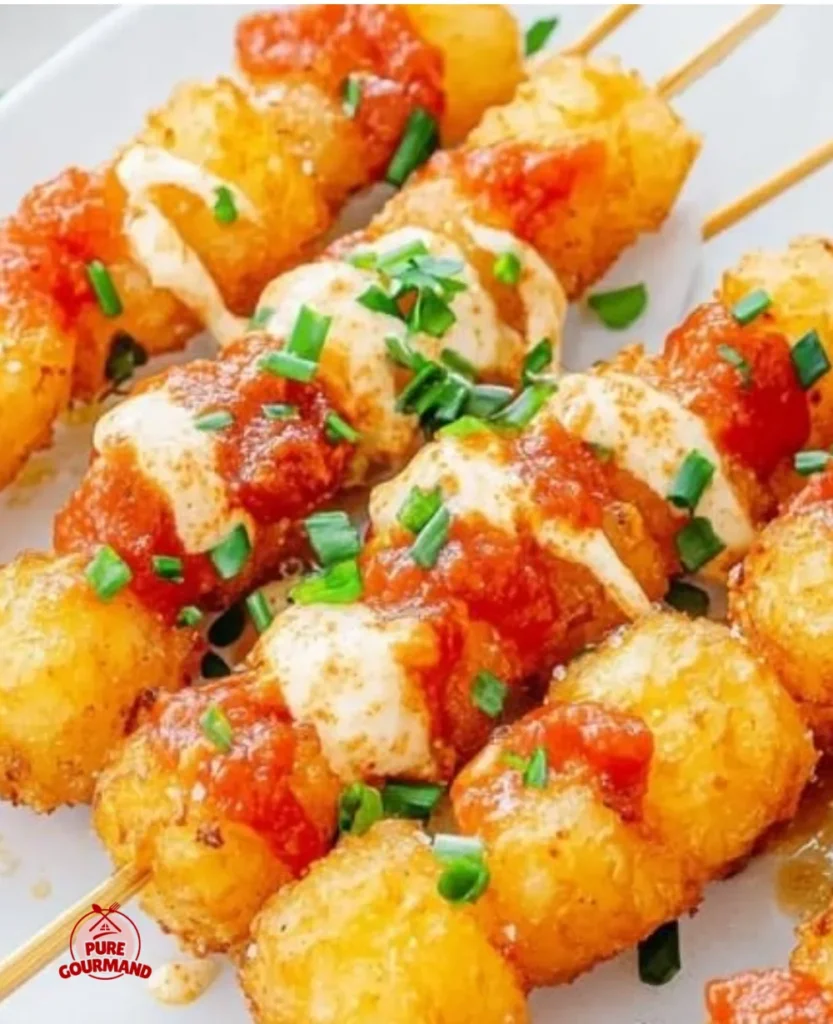 Delicious loaded tater tot skewers served as party appetizers