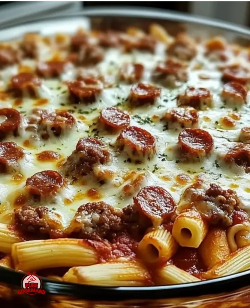 Delicious Meat Lovers Pizza Casserole topped with various meats and cheese.