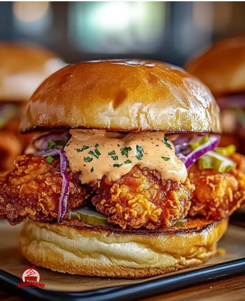 Plated Nashville hot chicken sandwich with pickles on a wooden table