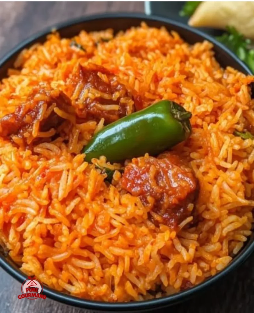 A vibrant plate of Nigerian Jollof Rice garnished with vegetables and served at a party.
