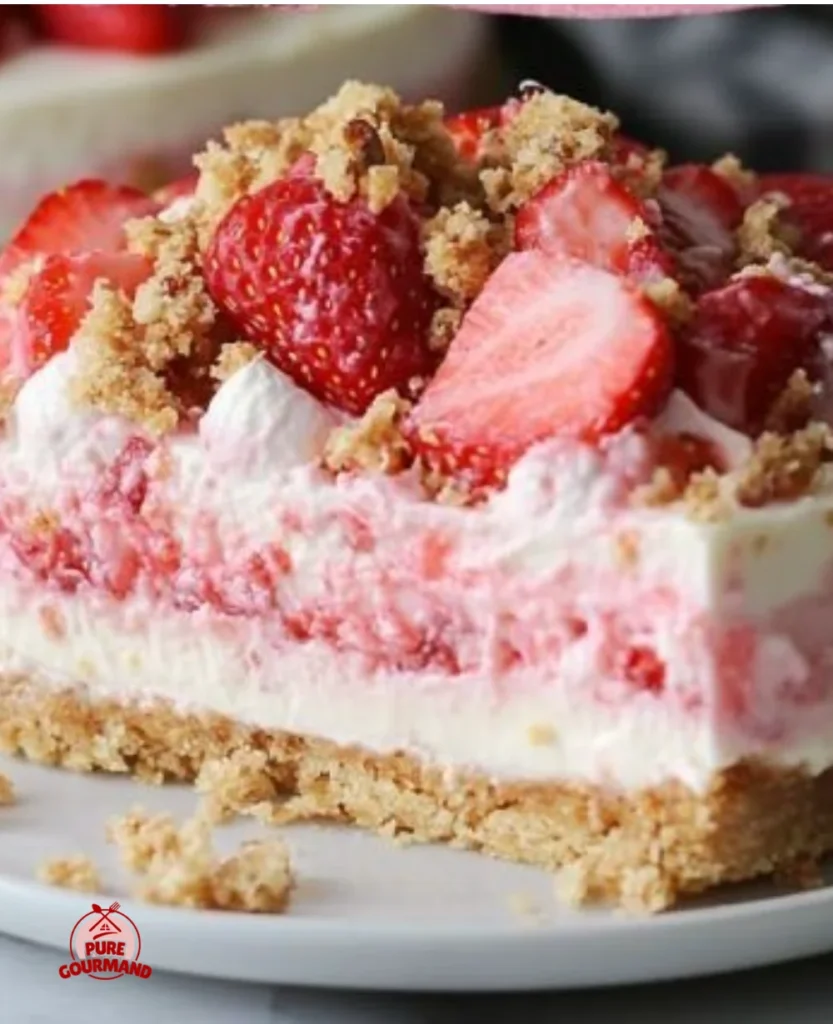 Slice of irresistible strawberry crunch cheesecake with a sunny topping