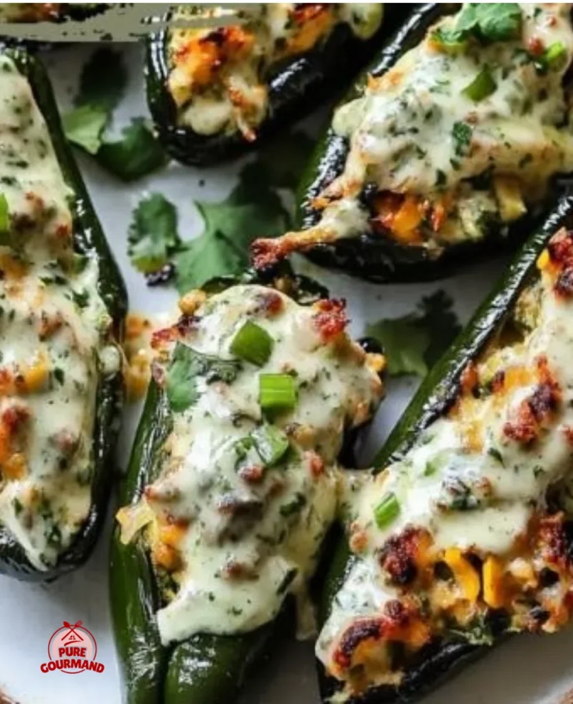 Delicious stuffed poblano peppers with cilantro lime crema served on a plate