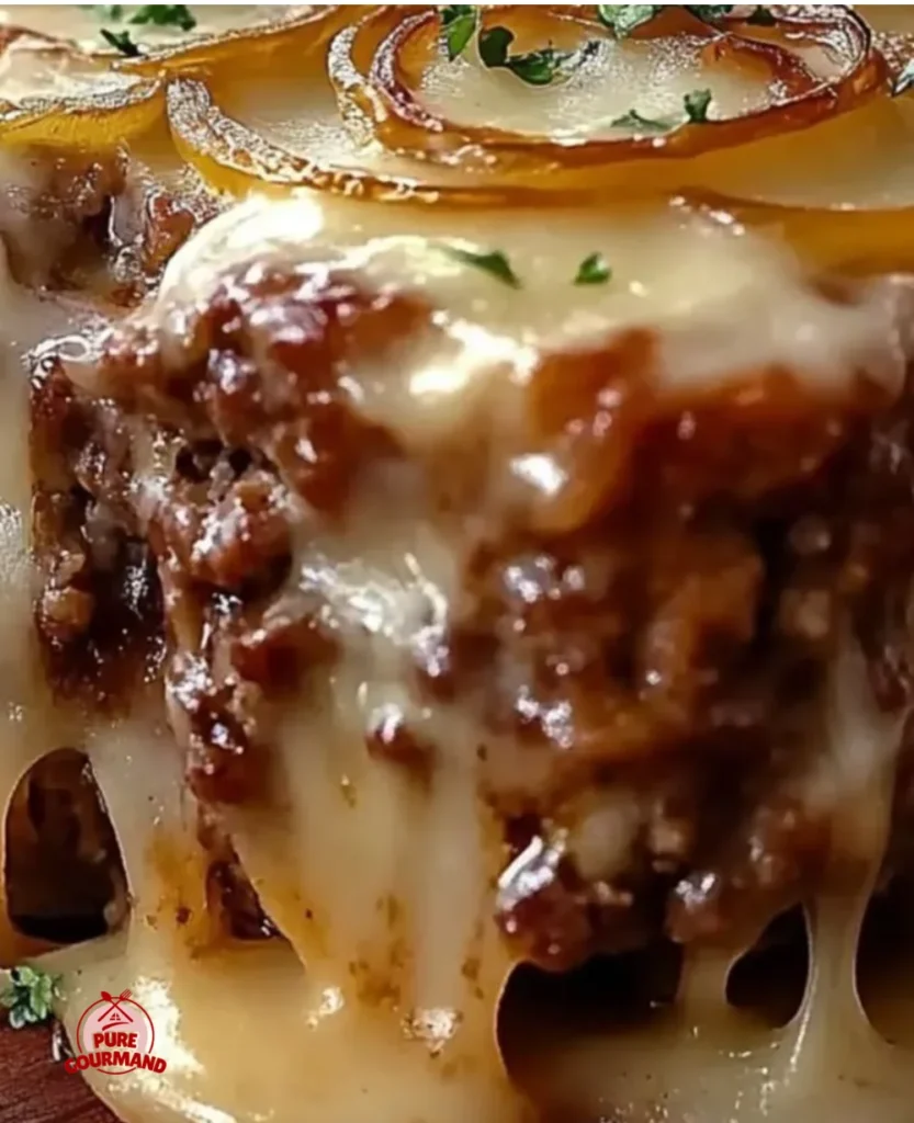 Delicious French onion meatloaf topped with melted cheese and caramelized onions