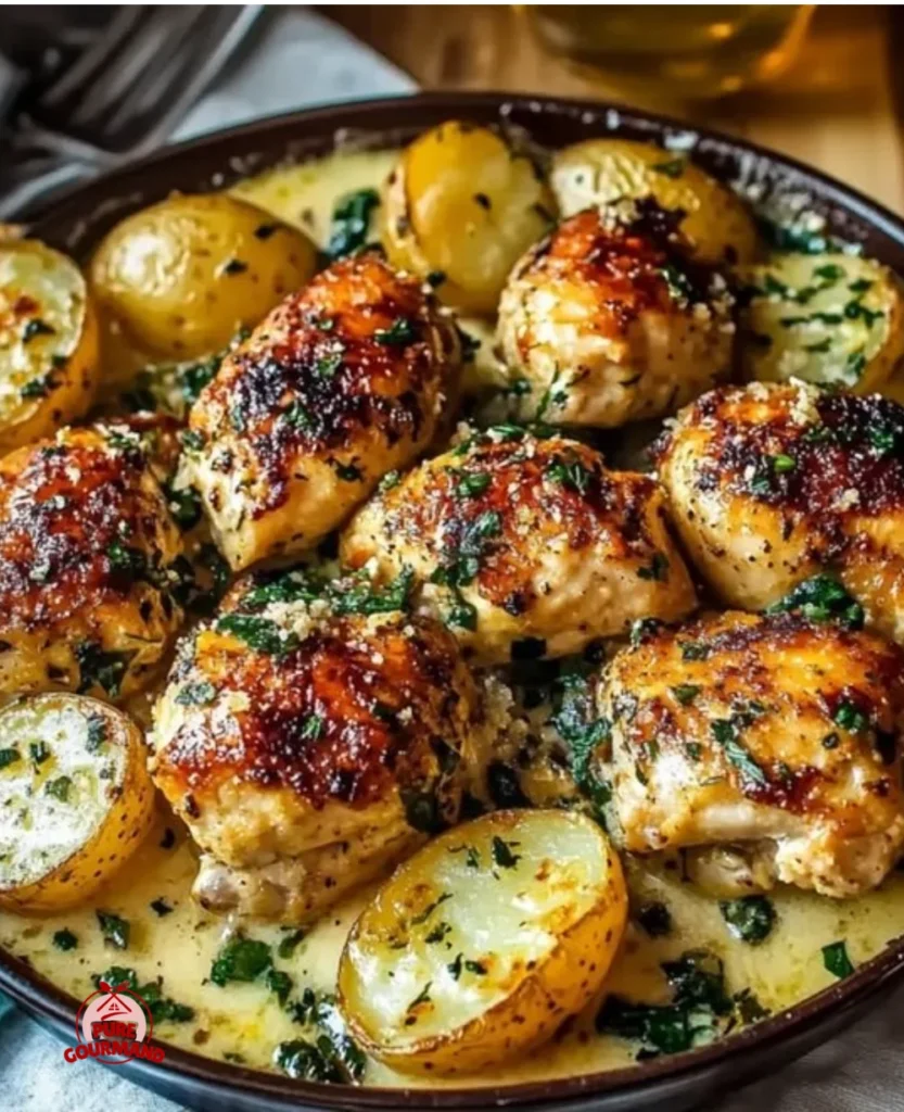 Garlic Parmesan Chicken with crispy potatoes, a comforting dinner delight