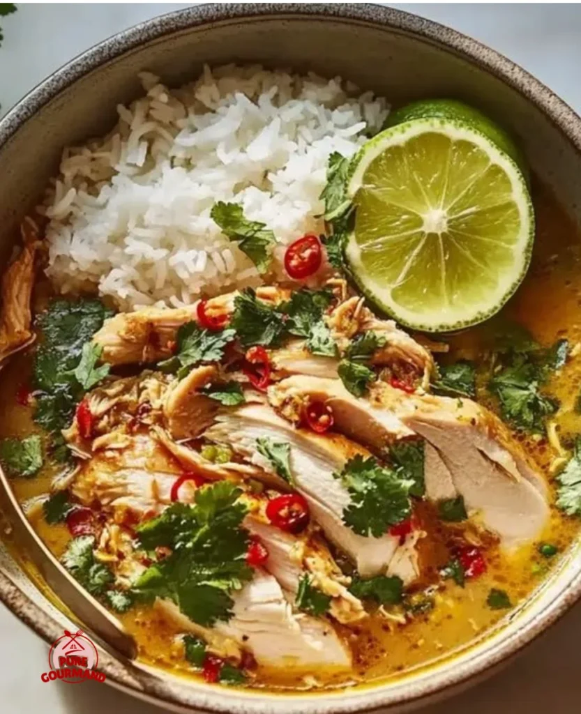 Creamy coconut chicken and rice dish served in a pan, perfect for a weeknight dinner.