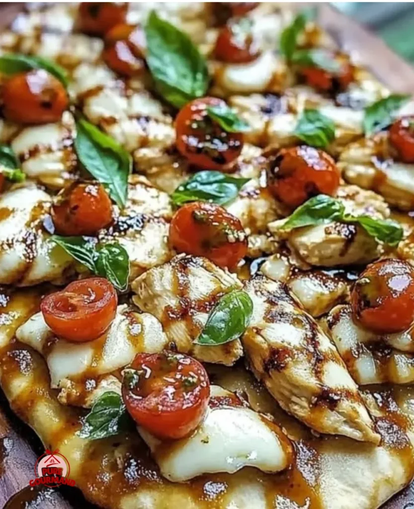 Delicious Chicken Caprese Flatbread topped with fresh basil and tomatoes