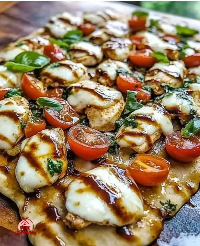 Delicious Chicken Caprese Flatbread with mozzarella, tomato, and basil on crispy flatbread