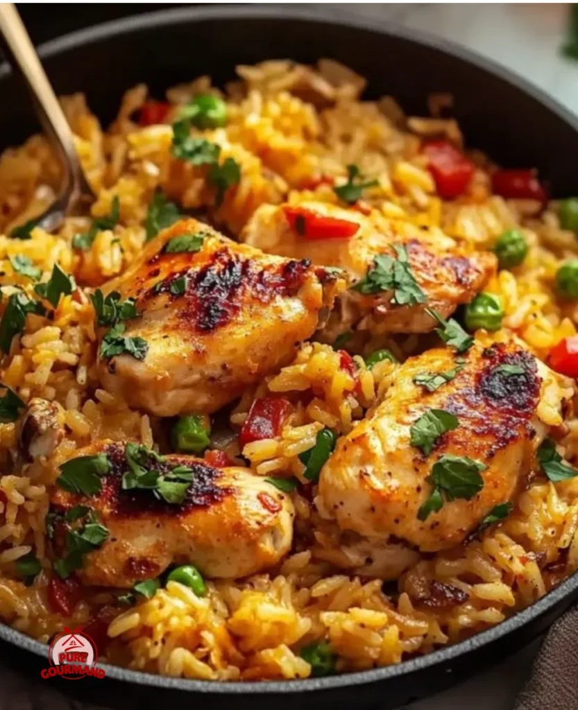Delicious one-pot Nando's Portuguese chicken and rice dish garnished with herbs.