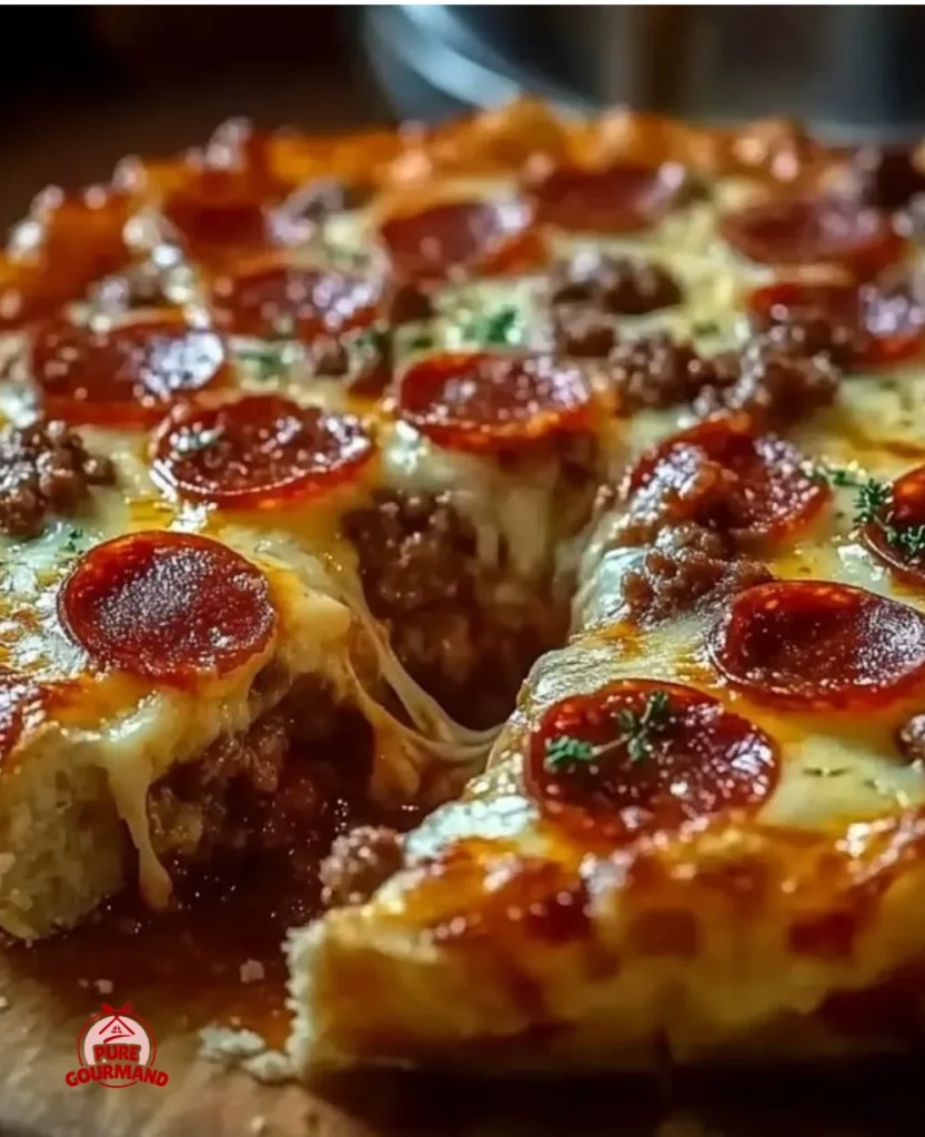 Deep hamburger pie with sausage and pepperoni in a cozy dish