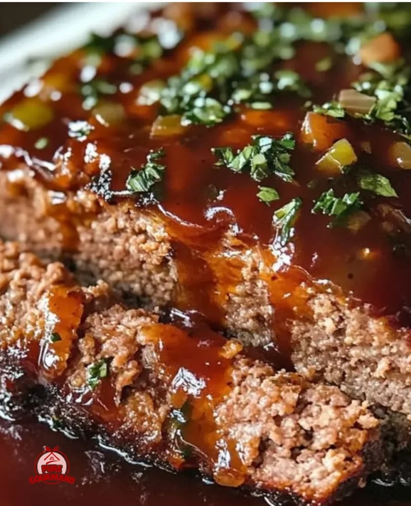 Irresistibly juicy classic meatloaf served on a plate with garnish