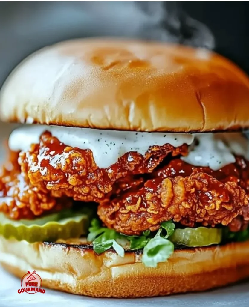 Nashville Hot Chicken sandwich topped with spicy sauce and pickles on a bun