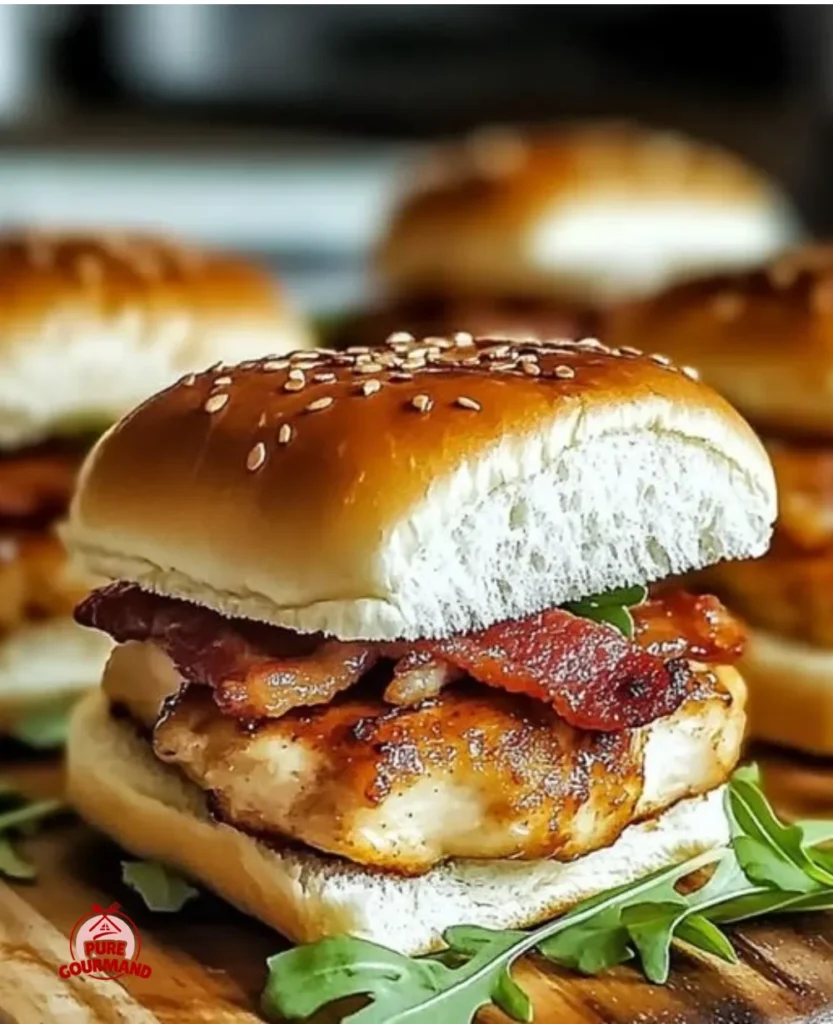 Delicious maple chicken sliders with bacon, perfect for family gatherings.
