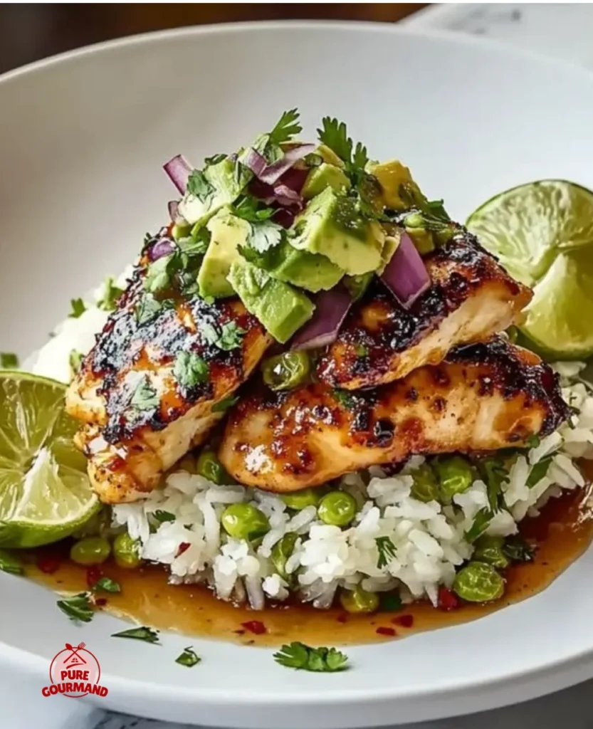 Delicious Honey Lime Chicken with avocado rice on a plate