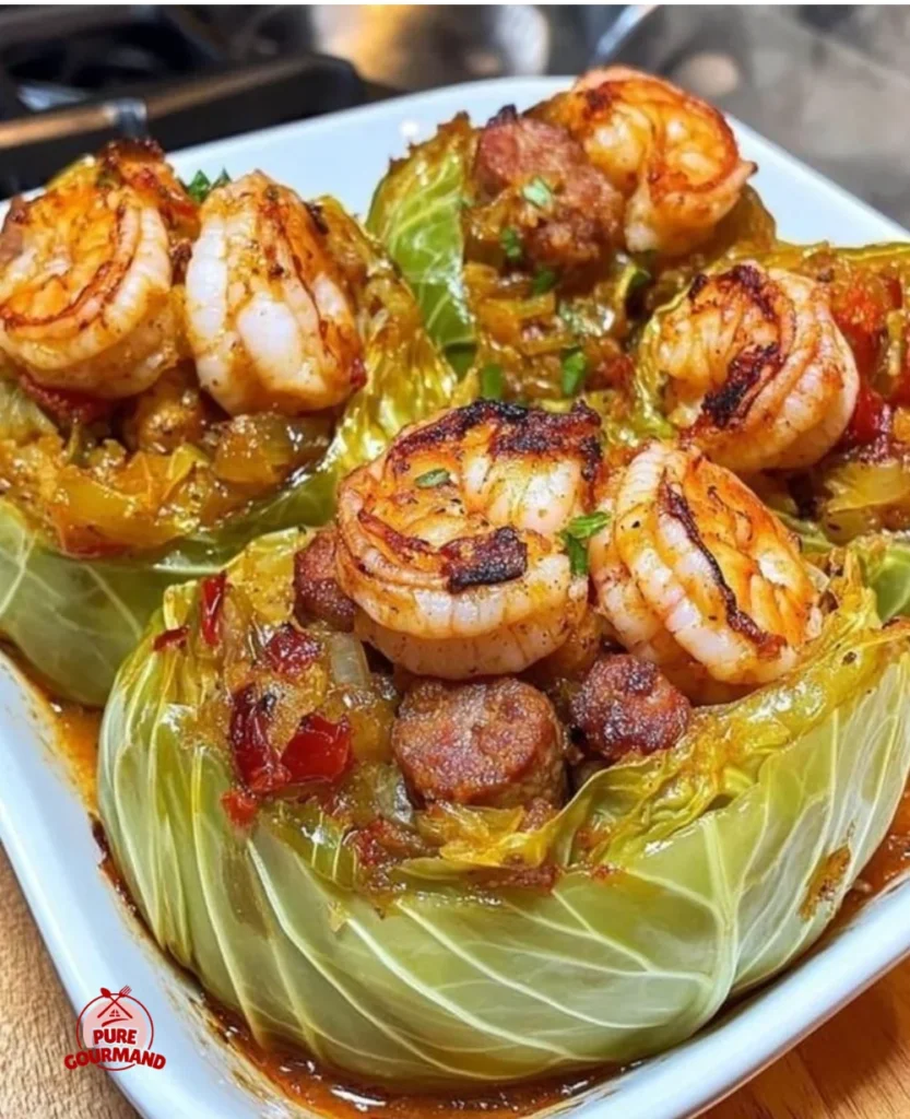 Keto Cajun Shrimp and Sausage Stuffed Cabbage on a plate