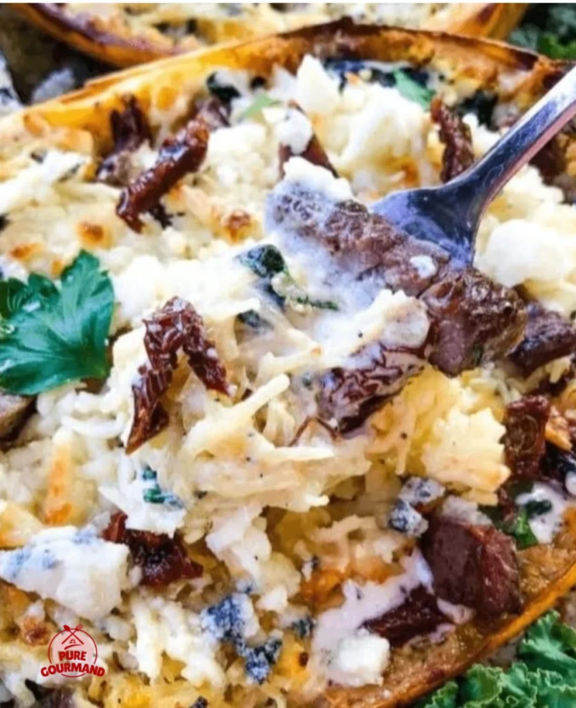 Keto steak with creamy Gorgonzola Alfredo served on spaghetti squash noodles