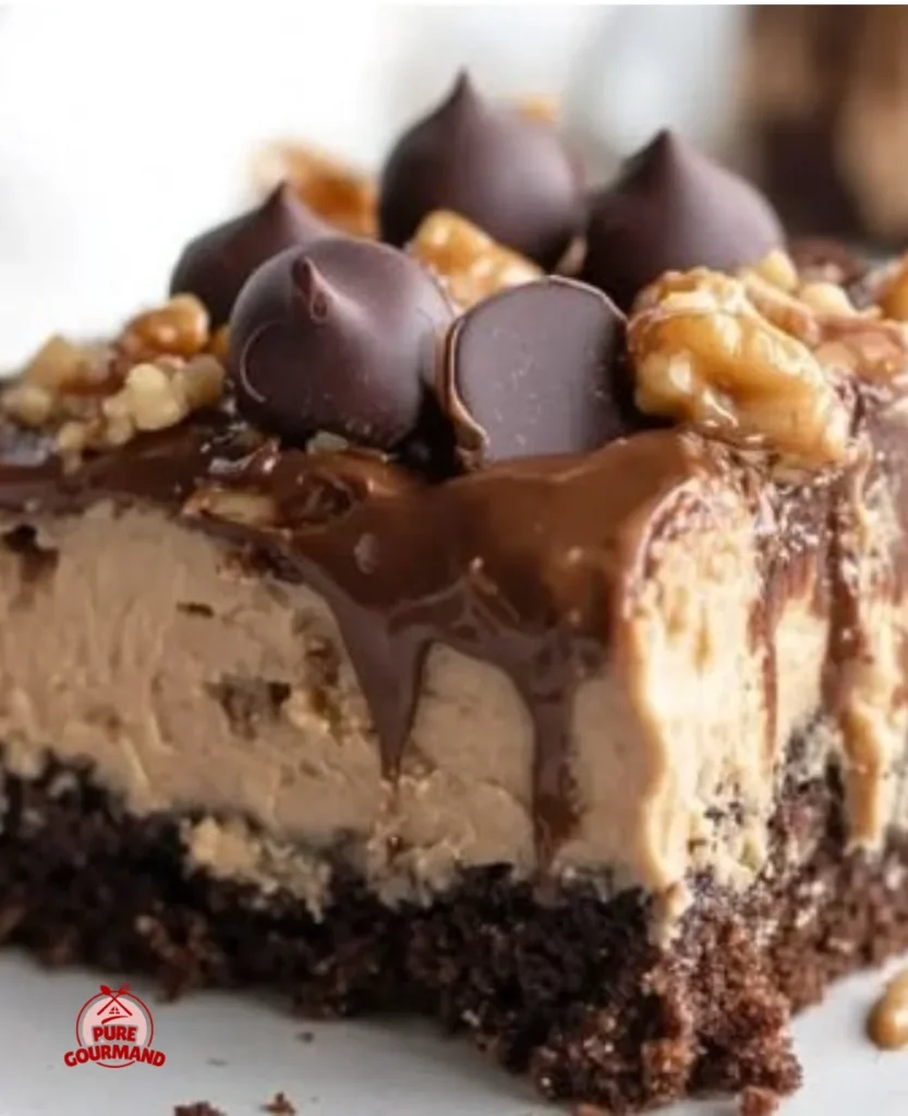 Keto Peanut Butter Earthquake Cake topped with peanut butter and chocolate swirls