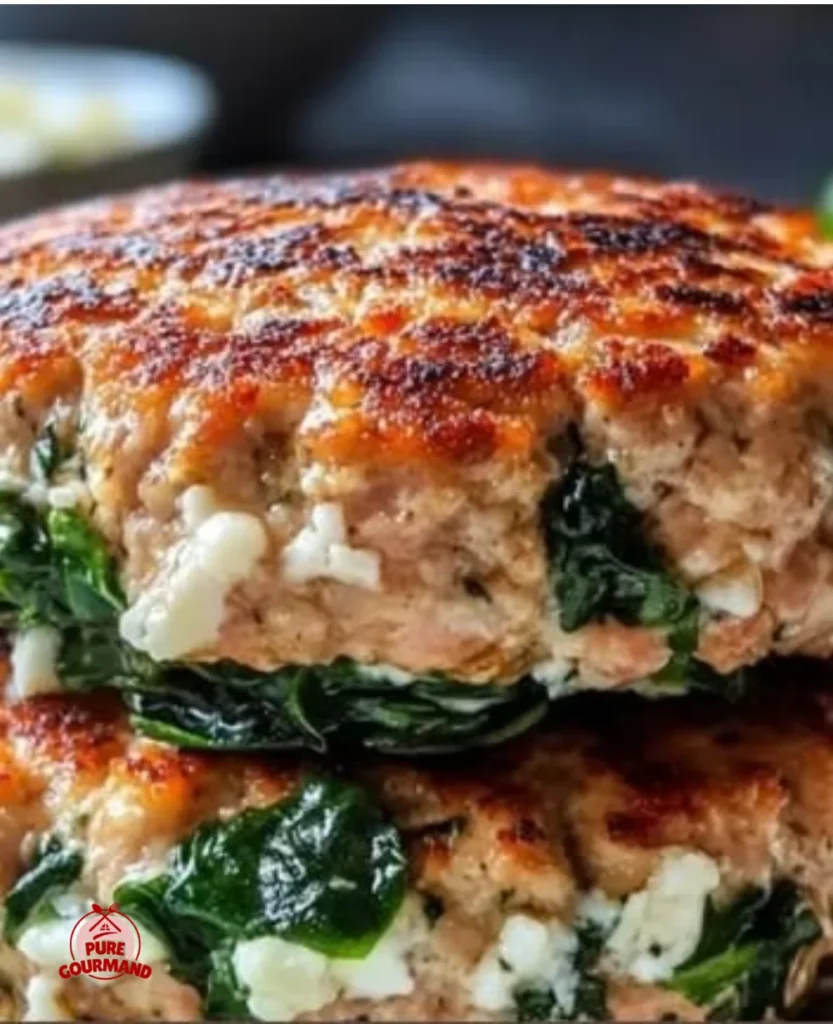 Keto Spinach Feta Turkey Burgers served on a plate