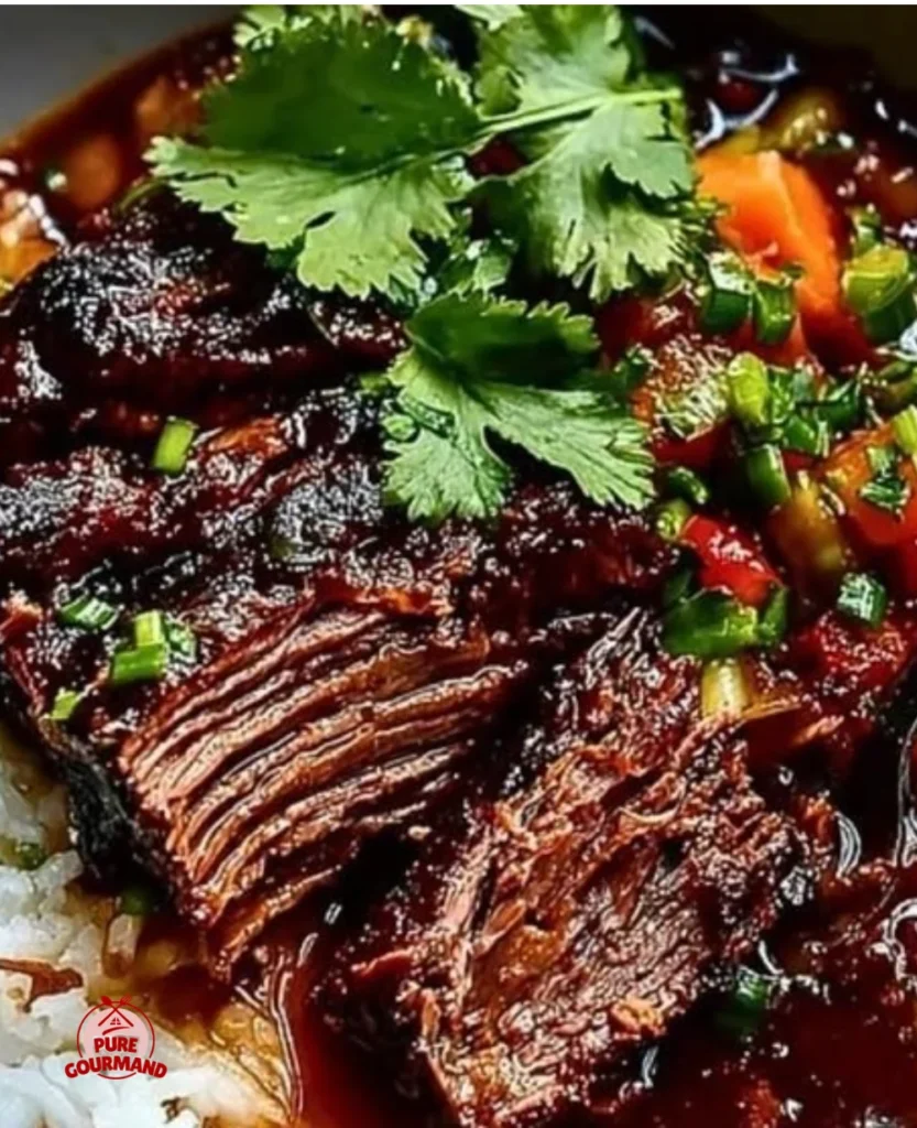 Delicious Korean style pot roast (Galbijjim) served in a rustic dish