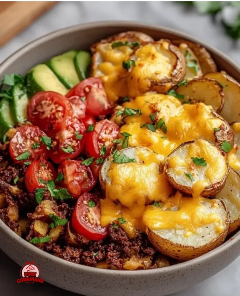 Delicious Loaded Fiesta Potato Bowls topped with cheese and colorful toppings