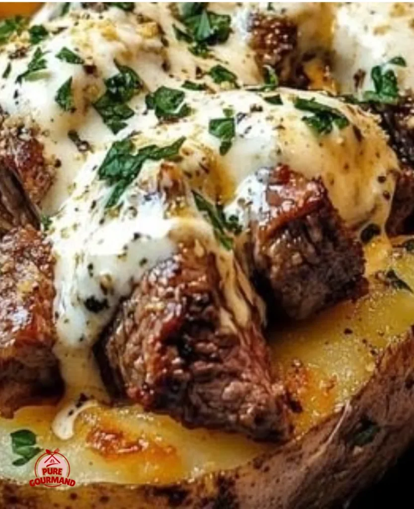 Delicious Loaded Steak Potatoes topped with creamy sauce and herbs