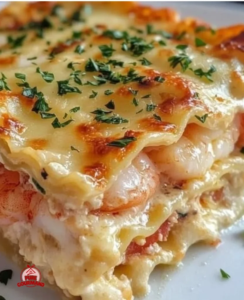 Delicious lobster and shrimp seafood lasagna served on a plate.