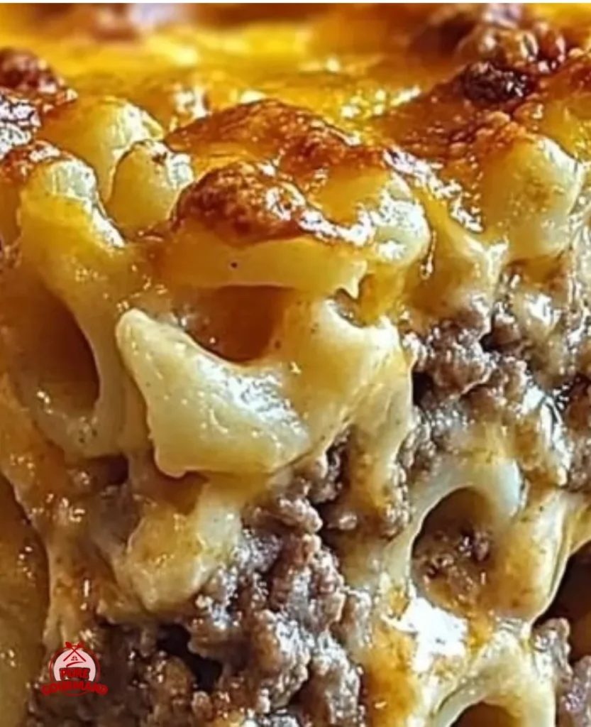 Delicious Mac and Cheese Meatloaf Casserole served in a baking dish