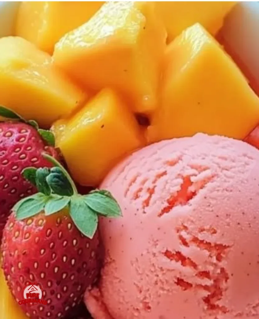 A vibrant bowl of Mango Strawberry Sorbet showcasing its bright colors and fresh ingredients.