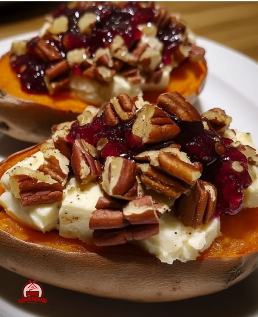 Maple Pecan and Brie Stuffed Sweet Potatoes with Cranberry Glaze