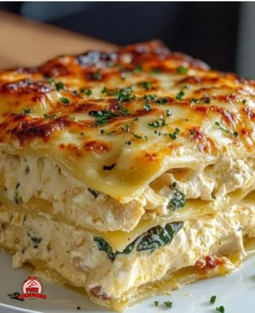 A delicious plate of Marry Me Chicken Lasagna garnished with herbs and cheese.