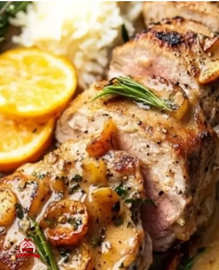 Marry Me Pork Tenderloin served with herbs and vegetables for an impressive dinner