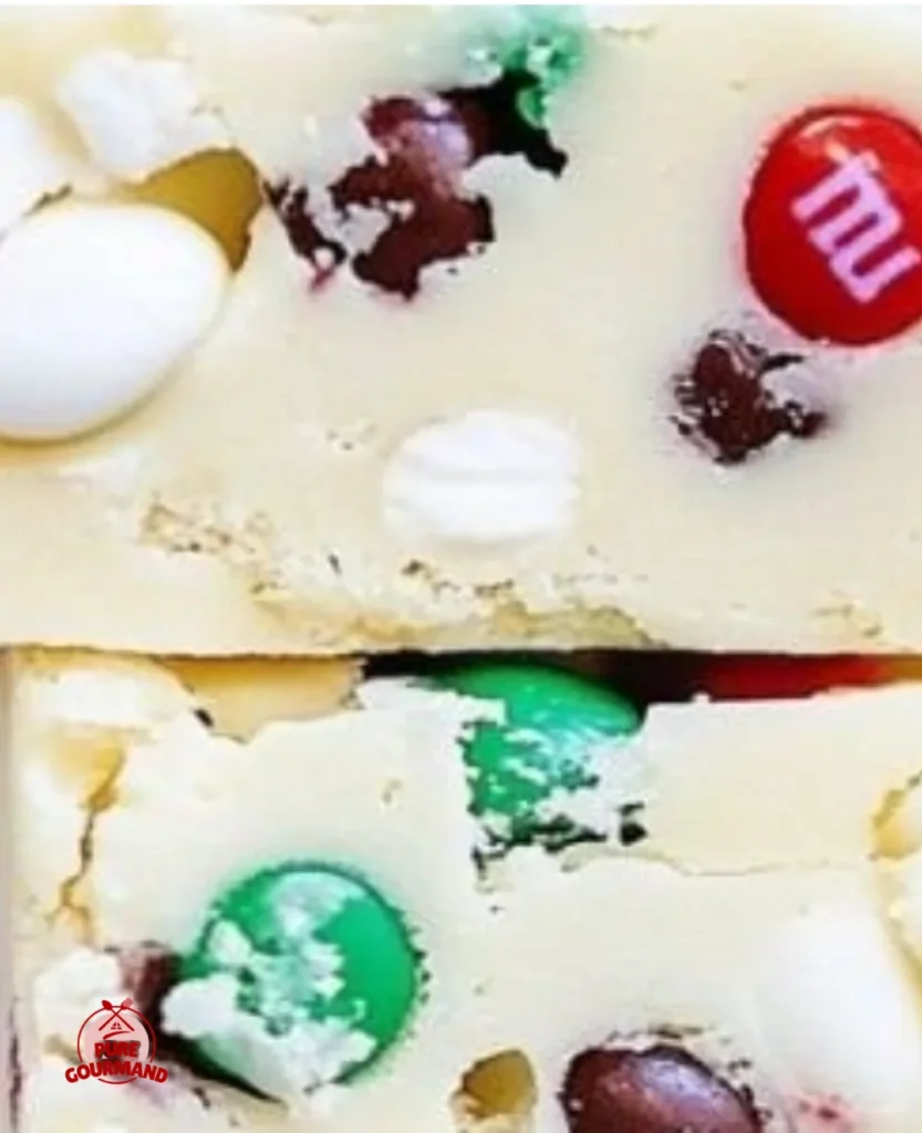 Delicious Marshmallow M&M Fudge dessert with colorful candies.