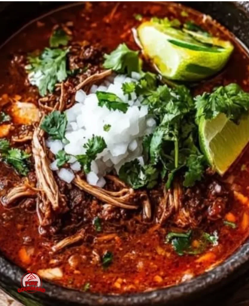 Delicious serving of traditional Mexican Birria in a bowl with toppings.