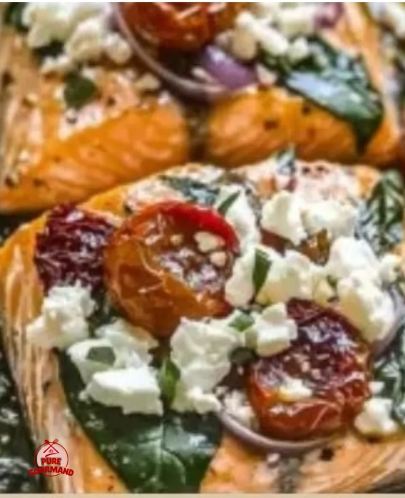 Mediterranean baked salmon topped with feta cheese and herbs